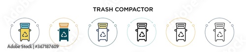 Trash compactor icon in filled, thin line, outline and stroke style. Vector illustration of two colored and black trash compactor vector icons designs can be used for mobile, ui, web