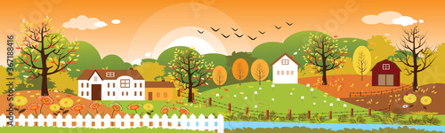 Panoramic of Countryside landscape in autumn, Vector illustration of horizontal banner of autumn landscape mountains and farmhouse with leaves falling from trees photo