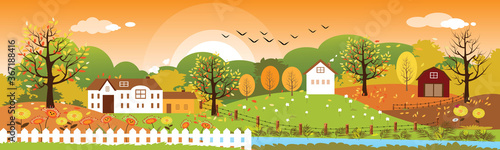 Panoramic of Countryside landscape in autumn, Vector illustration of horizontal banner of autumn landscape mountains and farmhouse with leaves falling from trees