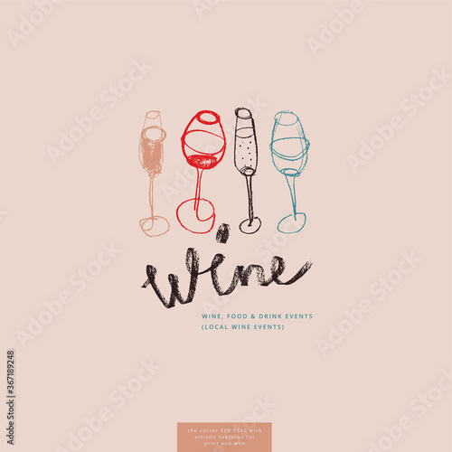 Wine glass drawings for lettering bar emblem and wine label design. Vector draft — four wine glasses. Pencil texture for bio winery icon, wine tasting course, wines menu card on light pink background