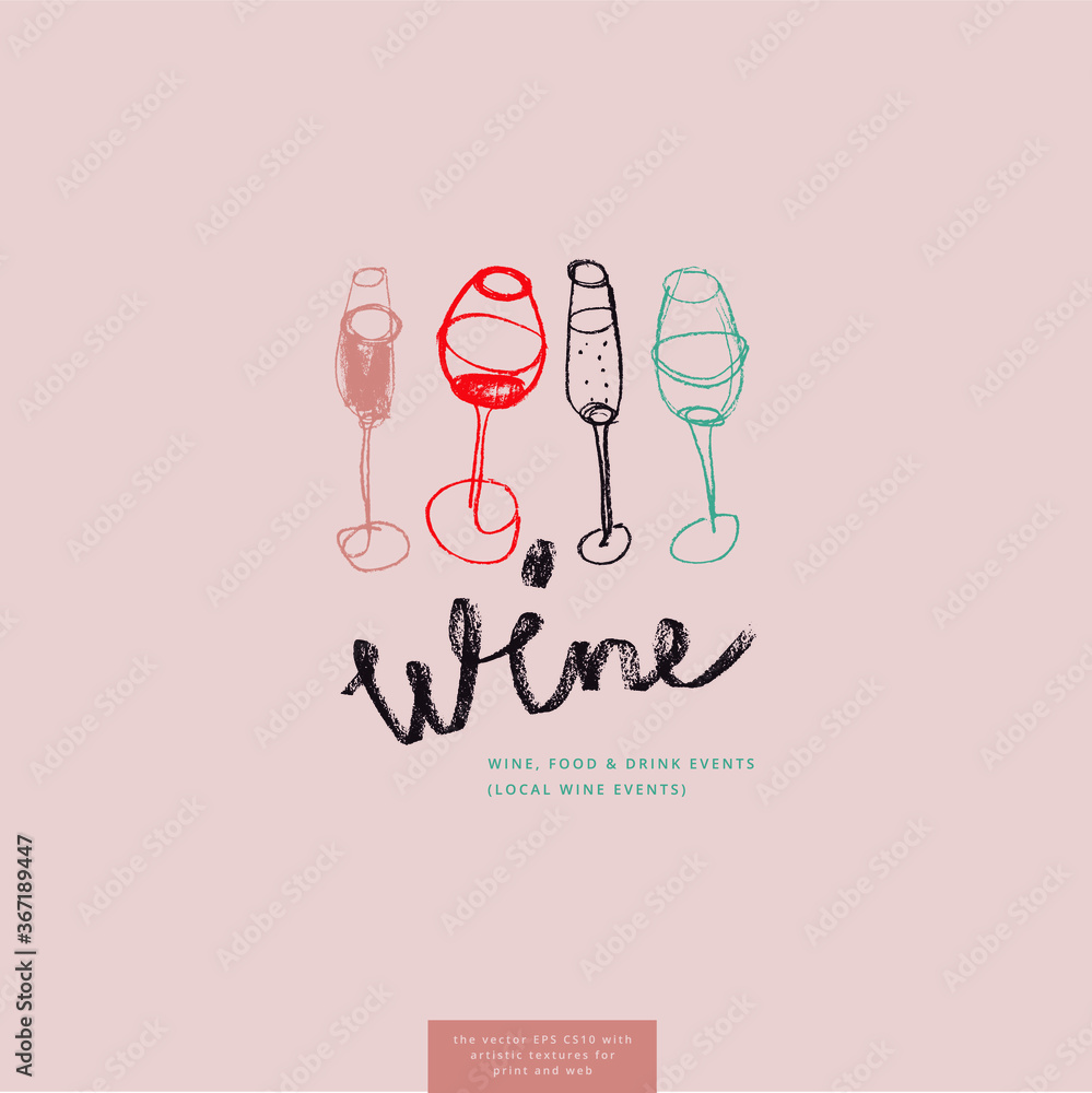 Wine glass drawings for lettering bar emblem and wine label design ...