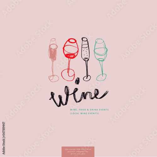 Wine glass drawings for lettering bar emblem and wine label design. Vector draft — four wine glasses. Pencil texture for bio winery icon, wine tasting course, wines menu card on light pink background