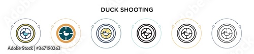 Duck shooting icon in filled, thin line, outline and stroke style. Vector illustration of two colored and black duck shooting vector icons designs can be used for mobile, ui, web