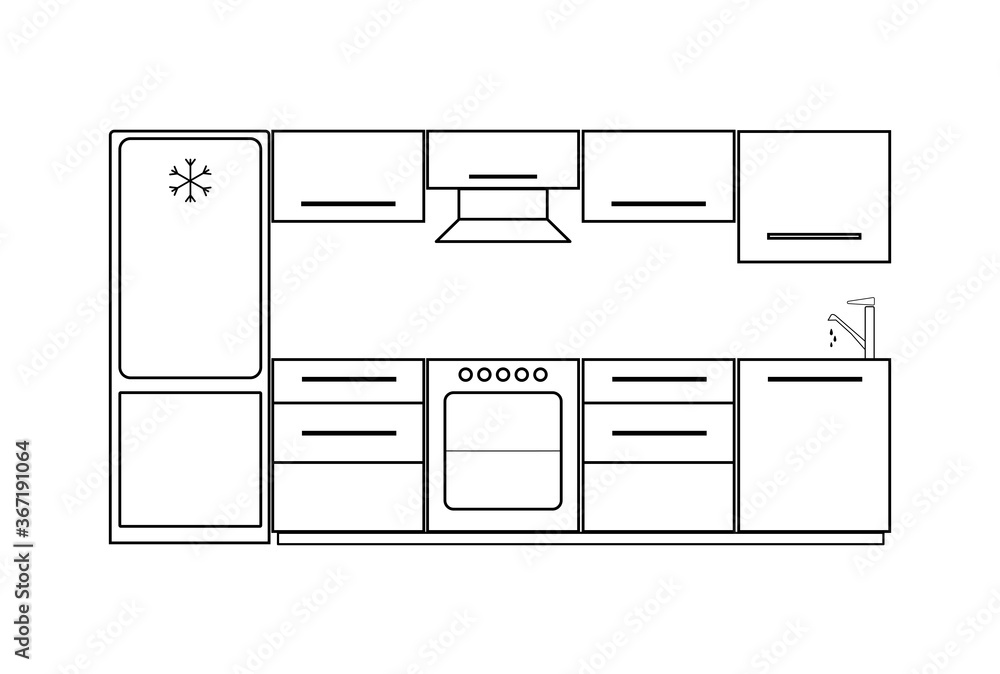 Set of vector interior design kitchen room. Modern furniture elements, household appliance. Thin line icon set. Black and white vector illustration. Graphic design. Set of vector interior design kitchen room. Modern furniture elements, household appliance. Thin line icon set. Black and white vector illustration. Graphic design.