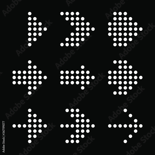 Set of white vector dotted arrows. black background. Halftone dots. Vector illustration. Design elements for prints, web, pattern, flowchart and infographics