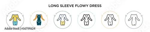 Long sleeve flowy dress icon in filled, thin line, outline and stroke style. Vector illustration of two colored and black long sleeve flowy dress vector icons designs can be used for mobile, ui, web