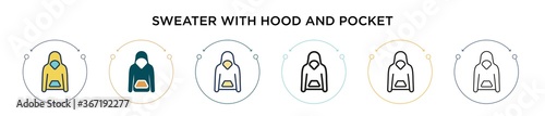 Sweater with hood and pocket icon in filled, thin line, outline and stroke style. Vector illustration of two colored and black sweater with hood and pocket vector icons designs can be used for mobile,