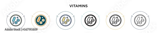Vitamins icon in filled, thin line, outline and stroke style. Vector illustration of two colored and black vitamins vector icons designs can be used for mobile, ui, web