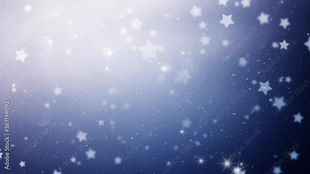 Magic bright blue artistic sky with snowfall and blurry star shapes bokeh motion background. Magic bright blue artistic sky with snowfall and blurry star shapes bokeh motion background.