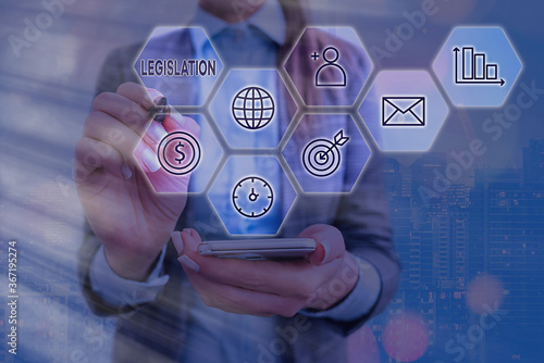 Word writing text Legislation. Business photo showcasing the exercise of the power and function of making rules Grids and different set up of the icons latest digital technology concept
