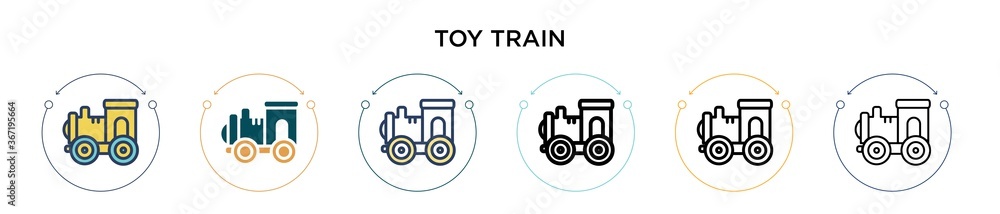 Toy train icon in filled, thin line, outline and stroke style. Vector illustration of two colored and black toy train vector icons designs can be used for mobile, ui, web