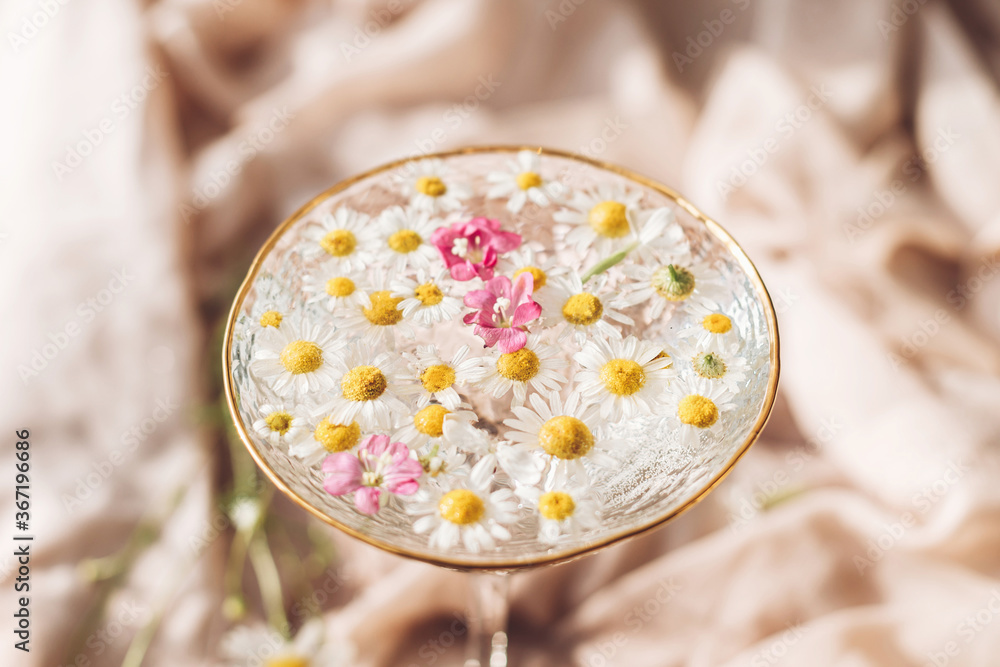 Wildflowers in water in stylish wine glass on background of soft beige fabric. Tender floral aesthetic. Creative summer image with space for text. Bohemian mood Wildflowers in water in stylish wine glass on background of soft beige fabric. Tender floral aesthetic. Creative summer image with space for text. Bohemian mood
