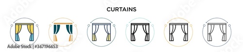 Curtains icon in filled, thin line, outline and stroke style. Vector illustration of two colored and black curtains vector icons designs can be used for mobile, ui, web