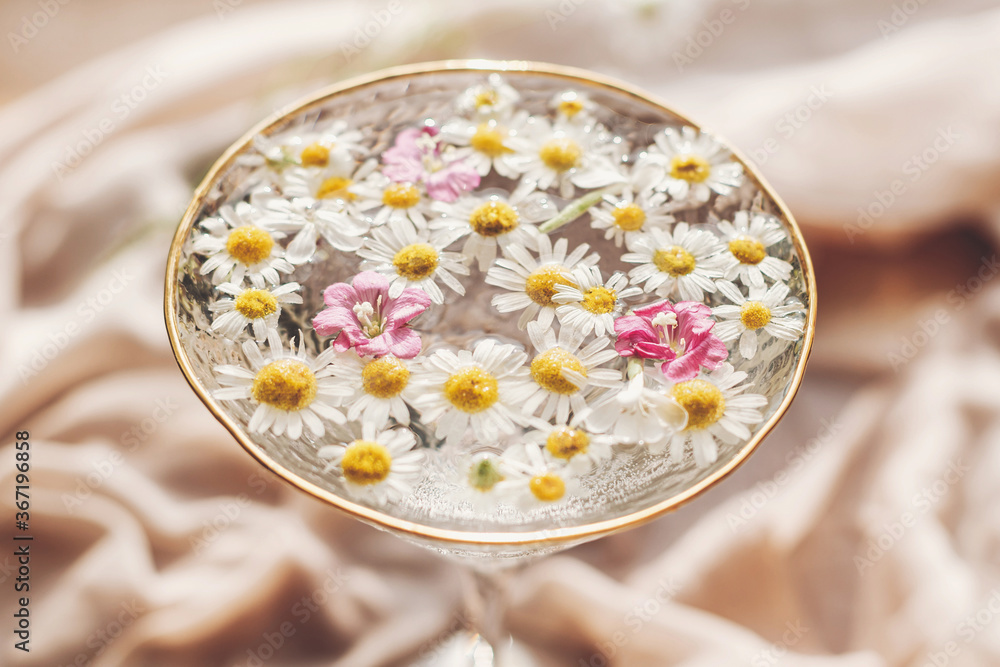 Tender floral aesthetic. Creative summer image with space for text. Bohemian mood. Wildflowers in water in stylish wine glass on background of soft beige fabric. Tender floral aesthetic. Creative summer image with space for text. Bohemian mood. Wildflowers in water in stylish wine glass on background of soft beige fabric.