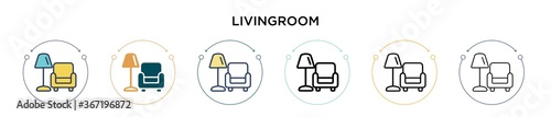 Livingroom icon in filled, thin line, outline and stroke style. Vector illustration of two colored and black livingroom vector icons designs can be used for mobile, ui, web