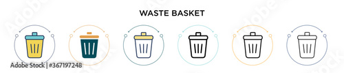 Waste basket icon in filled, thin line, outline and stroke style. Vector illustration of two colored and black waste basket vector icons designs can be used for mobile, ui, web