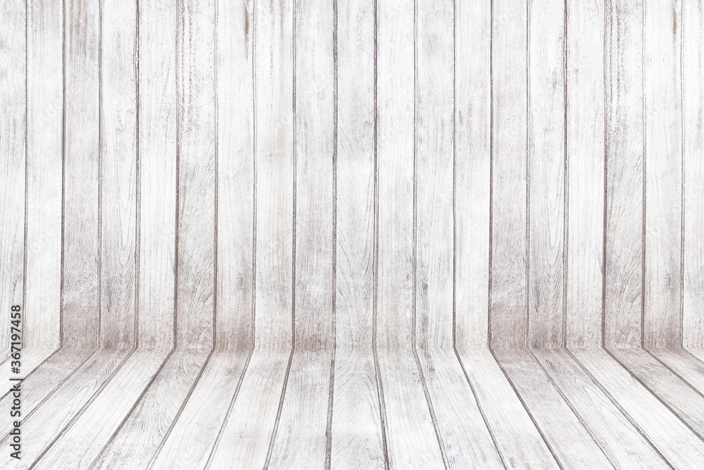 Fototapeta premium Old white wood wall panel pattern. Old white wooden floor texture for background. Empty of room.