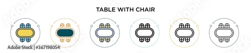 Table with chair icon in filled, thin line, outline and stroke style. Vector illustration of two colored and black table with chair vector icons designs can be used for mobile, ui, web