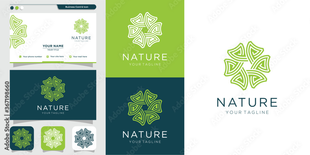 Vetor de Nature logo with line art style and business card design ...