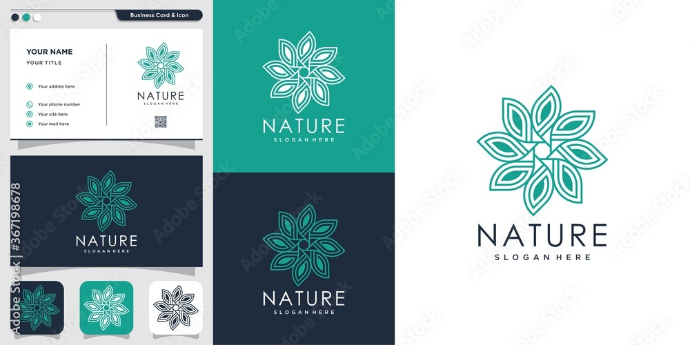 Natural logo with line art style and business card design template, fresh, line art, flower, leaf, abstract, Premium Vector