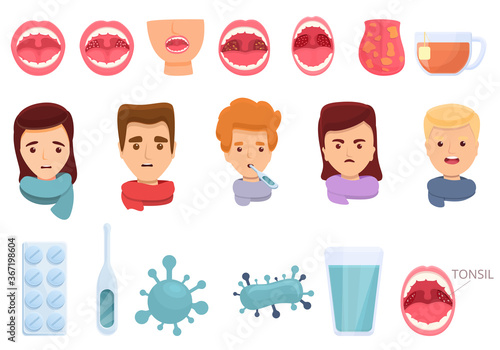 Tonsillitis icons set. Cartoon set of tonsillitis vector icons for web design