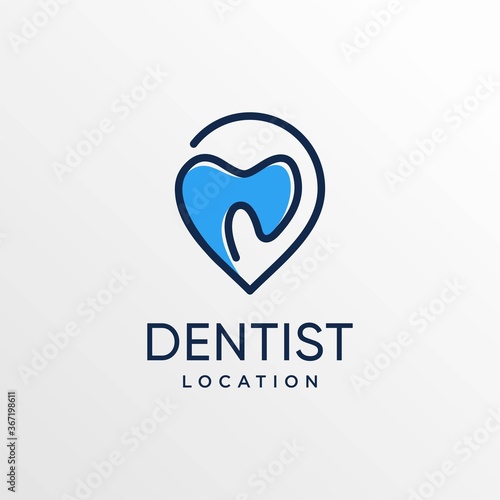 Dentist location logo with line art style and business card design template, teeth, care, location, maps, point, pin, Premium Design
