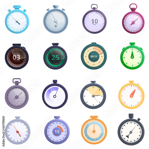 Stopwatch icons set. Cartoon set of stopwatch vector icons for web design