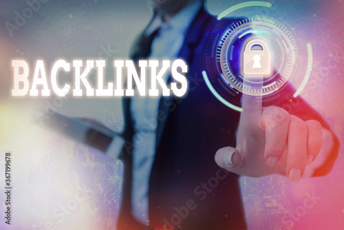 Text sign showing Backlinks. Business photo text links from one website to a page on another website or page Graphics padlock for web data information security application system
