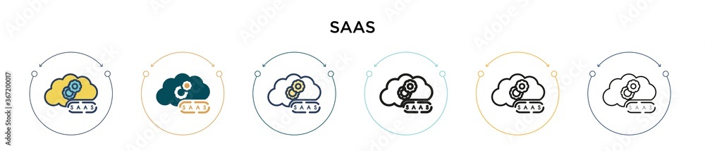 Saas icon in filled, thin line, outline and stroke style. Vector illustration of two colored and black saas vector icons designs can be used for mobile, ui, web