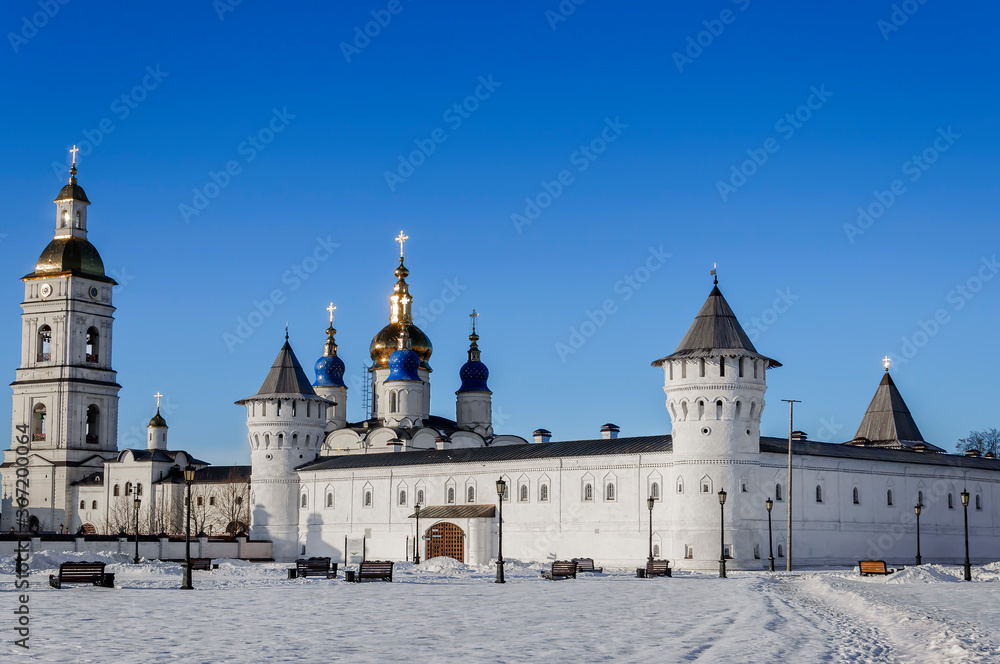 Gostiny Dvor (Merchant yard). Sophia Cathedral of the Assumption and the Belltower in the Tobolsk Kremlin. Tobolsk is a city in Western Siberia.