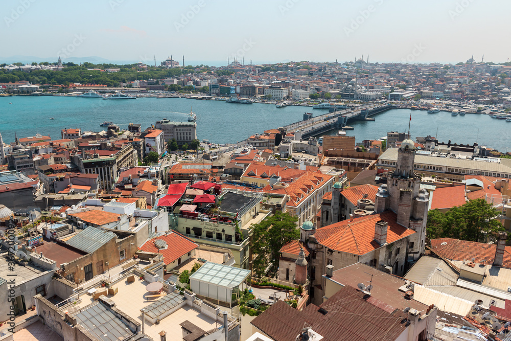 Aerial city view of Istanbul from Galata tower, old houses in Beyoglu district, Galata bridge and Golden Horn landscape.
