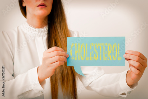 Writing note showing Cholesterol. Business concept for compound of the sterol type found in most body tissues Displaying different color mock up notes for emphasizing content photo