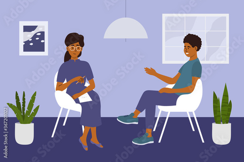 Psychological help concept. Psychotherapy session, mental problem or masculine depression treatment. Vector illustration of sad man talking to female psychologist. Male anxiety, stress, health care.