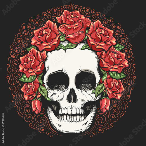 Skull in wreath of rose flowers Tattoo