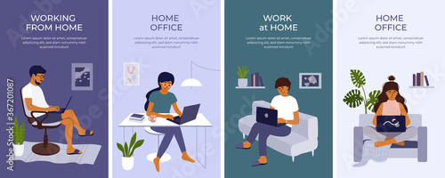 Set of banners with young woman and man working or studying at home using laptop. Student girl or freelancer sitting behind table. Cozy workplace on sofa, home office in apartment. Vector illustration