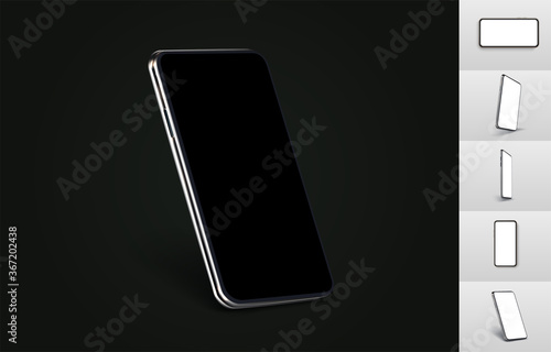 Realistic Smartphone layout with a blank screen with different views and different angles, on a white and black background.  Vector mobile device concept