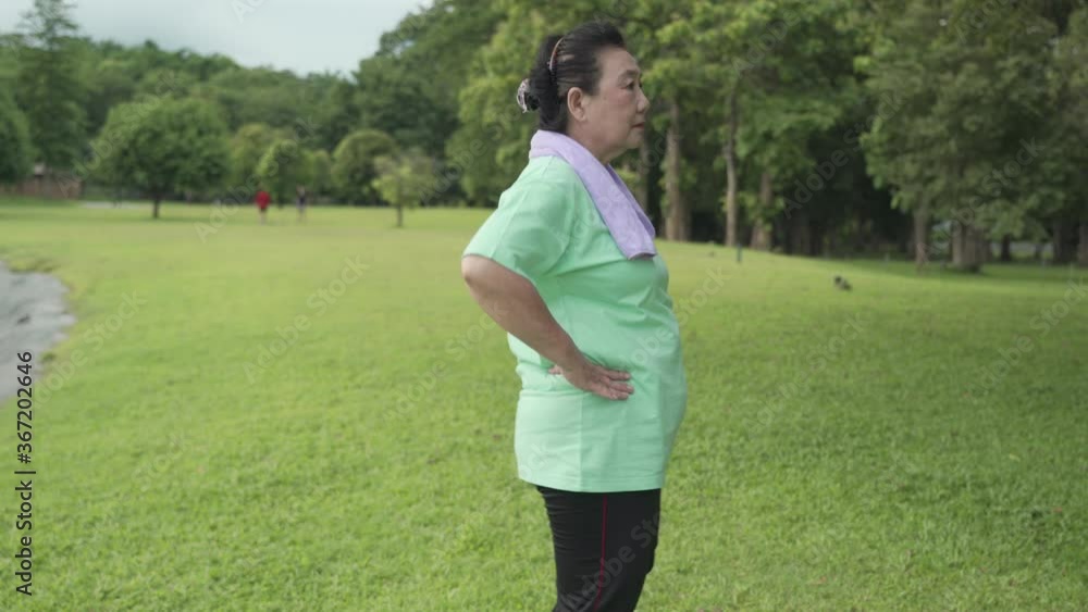Asian active over weight aged woman doing hip warm up exercise on green grass, cool down after exercise at the park, old age self-care healthy life motivation after retirement, standing hands on hips Asian active over weight aged woman doing hip warm up exercise on green grass, cool down after exercise at the park, old age self-care healthy life motivation after retirement, standing hands on hips