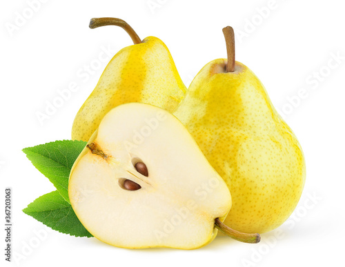 Isolated yellow pears. Two yellow pear fruits and one half isolated over white background