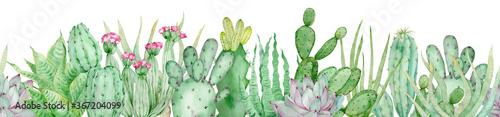 Watercolor seamless border of green cactuses. Endless header with tropical plants and pink flowers.