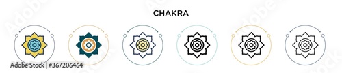 Chakra icon in filled, thin line, outline and stroke style. Vector illustration of two colored and black chakra vector icons designs can be used for mobile, ui, web