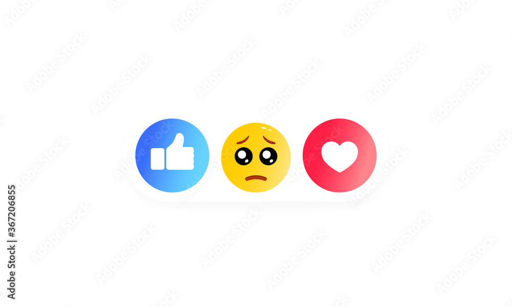 Thumbs up and heart label with cartoon smile. Set of social icons. Vector on isolated white background. EPS 10. Laugh, wonder, sad, and angry head emoticons