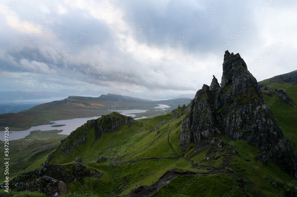 the Old Man of Storr. Hiking in the Quairing Mountains on the Isle of Skye in Scotland