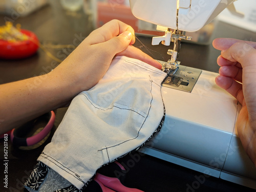 Details of stitching on homemade COVID-19 face covering