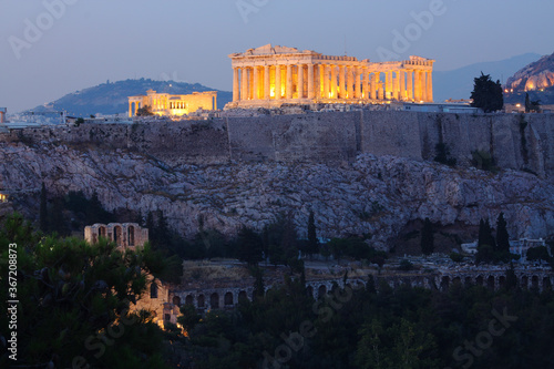 Parthenon construction in Acropolis Hill in Athens, Greece shot in blue hour