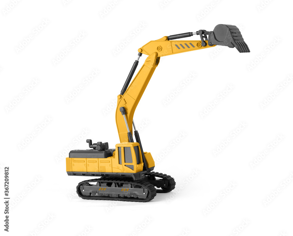 toy yellow excavator isolated on white background toy yellow excavator isolated on white background