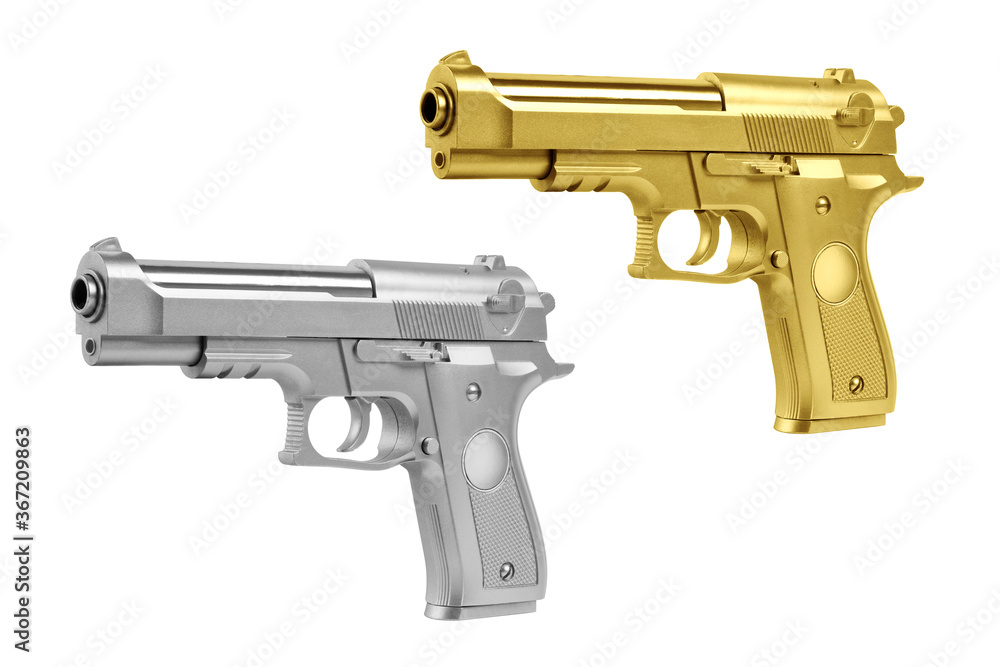 Gold and silver automatic handgun isolated on white background