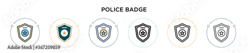 Police badge icon in filled, thin line, outline and stroke style. Vector illustration of two colored and black police badge vector icons designs can be used for mobile, ui, web