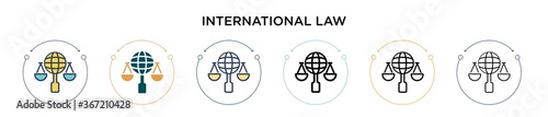 International law icon in filled, thin line, outline and stroke style. Vector illustration of two colored and black international law vector icons designs can be used for mobile, ui, web