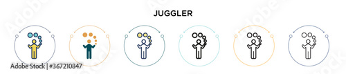 Juggler icon in filled, thin line, outline and stroke style. Vector illustration of two colored and black juggler vector icons designs can be used for mobile, ui, web