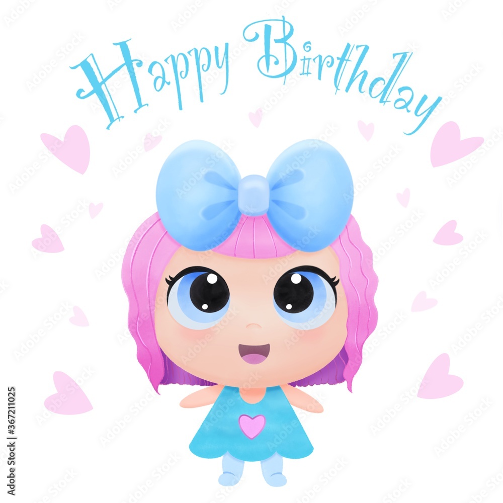 Happy birthday card. Cute cartoon girl with big blue bow on her head and pink big and small hearts around her and lettering. Digital hand drawn illustration isolated on white background.